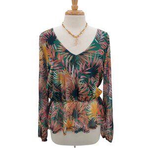 Willow Root Womens Long Sleeve Floral Peplum Blouse Top Size L V-Neck Tropical